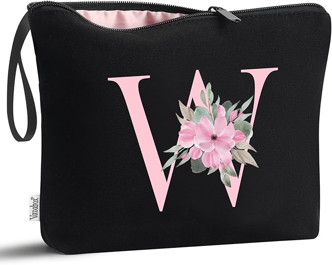 Vavabox A-Z Personalized Makeup Bag, Birthday Gifts for Women Mom, Gifts for Best Friend, Bride Bridesmaid Cosmetic bag (W, 02-Black)