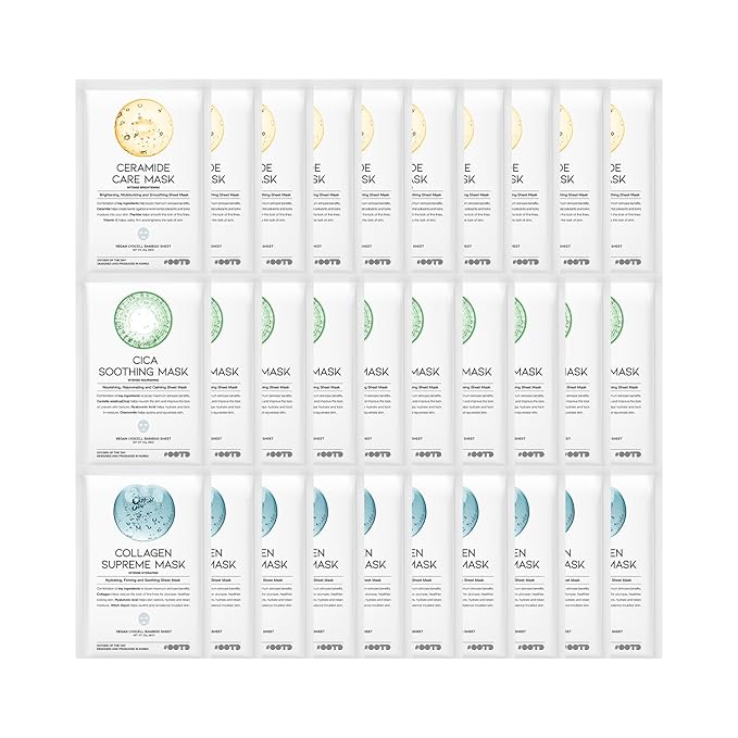 #OOTD Hydrating Soothing Sheet Masks with Collagen,Ceramide,Cica(30-Pack)