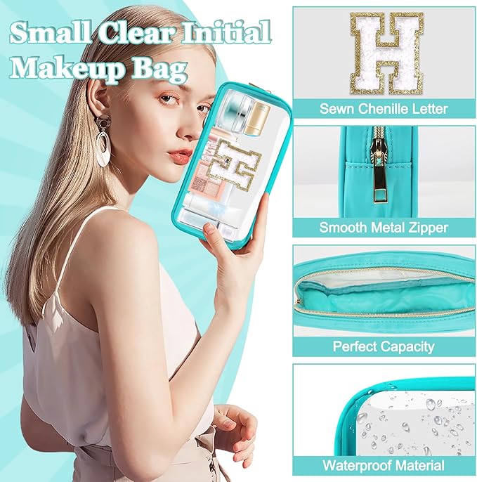 Small Clear Personalized Initial Makeup Bag,Nylon Preppy A-Z Chenille Letter Patch Cosmetic Pouch Beach Toiletry Bag,Waterproof Zipper Travel Purse Storage Bag Organizer for Women Girls(Cyan-White H)