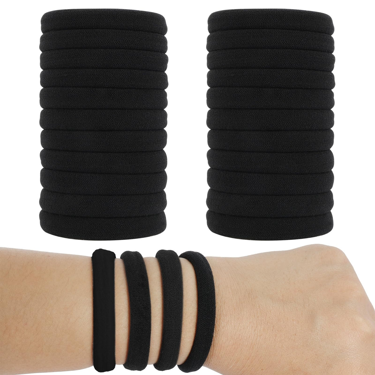 Elastic Hair Bands, 2 Inch Seamless No-Damage Hair Elastics，Cotton Ponytail Holders，Stretchable Hair Bands (Black-120pcs)