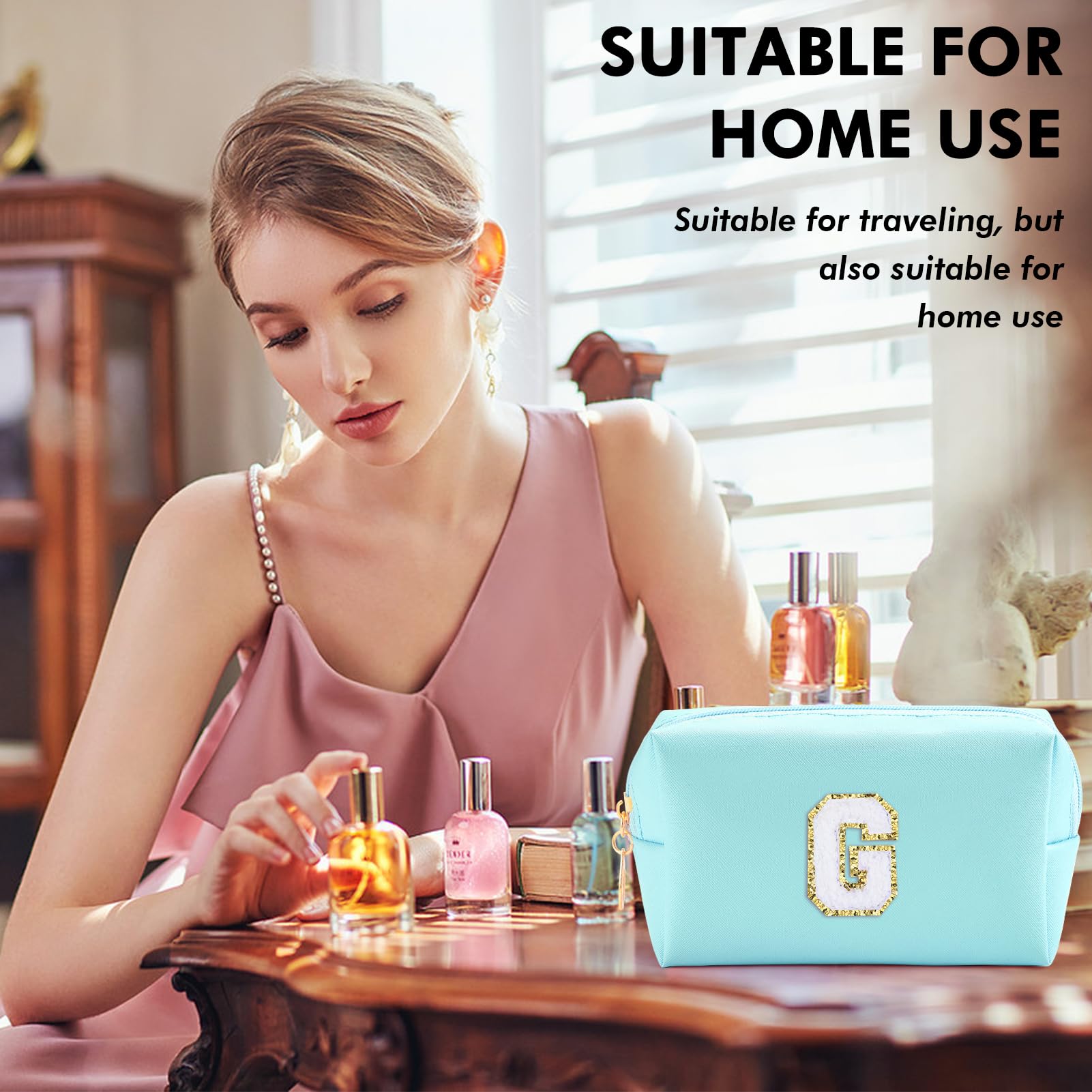 URSKYTOUS Gifts for Girls Initial Makeup Bag Personalized Cosmetic Bag with Zipper Cute Travel Toiletry Bag Waterproof PU Preppy Makeup Pouch Birthday Gift for Teen Girls Women(Blue G)