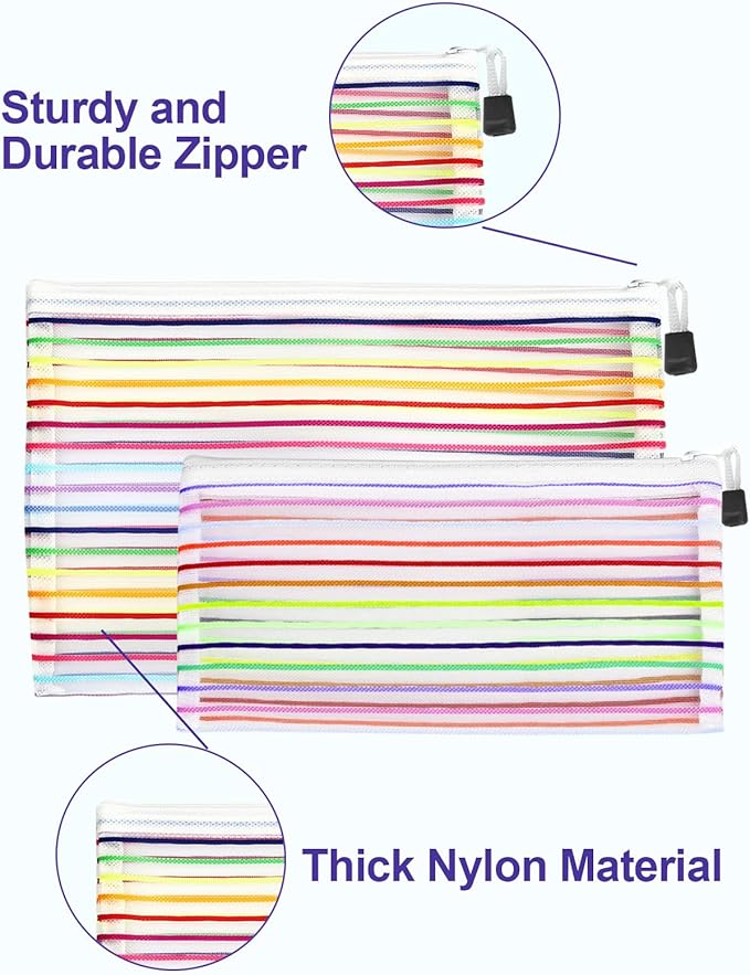 CarryEpic Mesh Bags with Zipper (6 Pack), Nylon Makeup Bag Cosmetic Pouches Travel Organizer Case for Purse Diaper Bag Home Organizing Striped Multi Size White