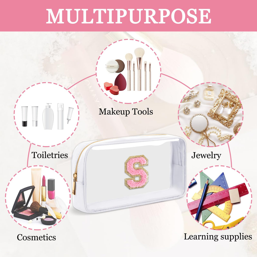 Small Clear Personalized Initial Makeup Bag,Nylon Preppy A-Z Chenille Letter Patch Cosmetic Pouch Beach Toiletry Bag,Waterproof Zipper Travel Purse Storage Bag Organizer for Women Girls(White-Pink S)