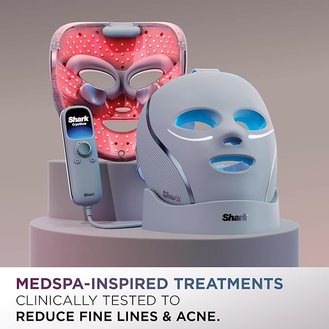 Shark CryoGlow LED Face Mask with Under-Eye Cooling, Anti-Ageing & Blemish Repair, Red & Blue LED, Infrared Light Therapy, USB-C, Remote Control, Storage Bag, Lilac Chill, FW312PL