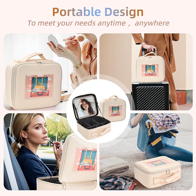 Yaliang Travel Makeup Bag, Portable Makeup Case with LED Mirror, Removable Mirror with 3 Color Modes, 8 Adjustable EVA Dividers for Brushes Toiletry Jewelry Digital Accessories, Off White