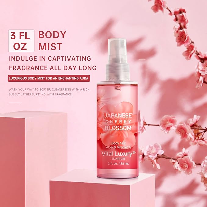 Self Care Gift Set for Women - 3PC Japanese Cherry Blossom Spa Travel Set with Shower Gel, Lotion & Body Mist - Luxury Bath Gift Set for Mother's Day, Birthday, or Anniversary