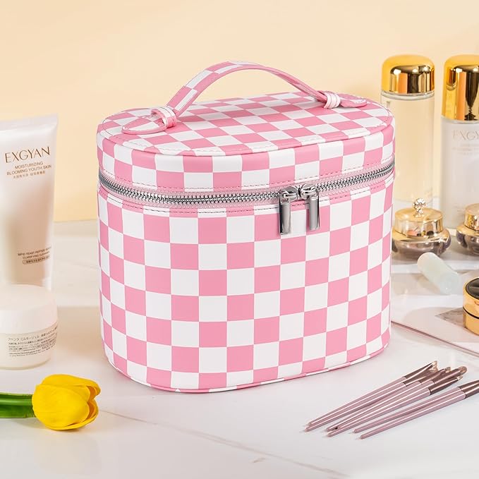 UUYUUY Makeup Bag Vanity Case Cosmetic Bag with Removable Divider Travel Toiletry Bag for Women Portable Make up Box Organizer, Pink and White