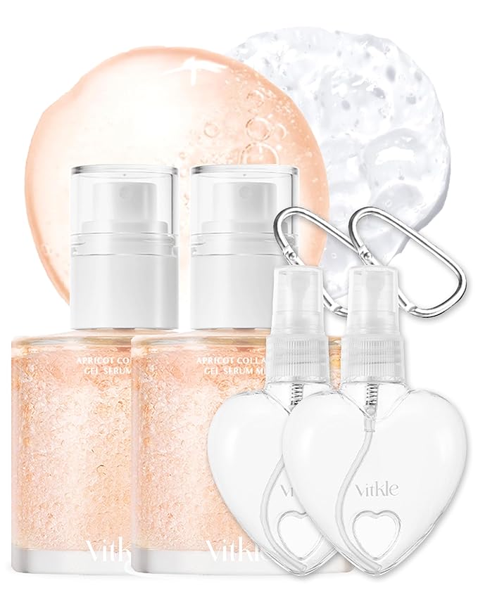 Vitkle Apricot Collagen Gel Serum Mist Korean Face Moisturizer Spray - 8 Layer Hyaluronic Acid and Bakuchiol - Heart Shape Clear Keychain Refillable Travel Portable Bottle, 6.76 fl.oz