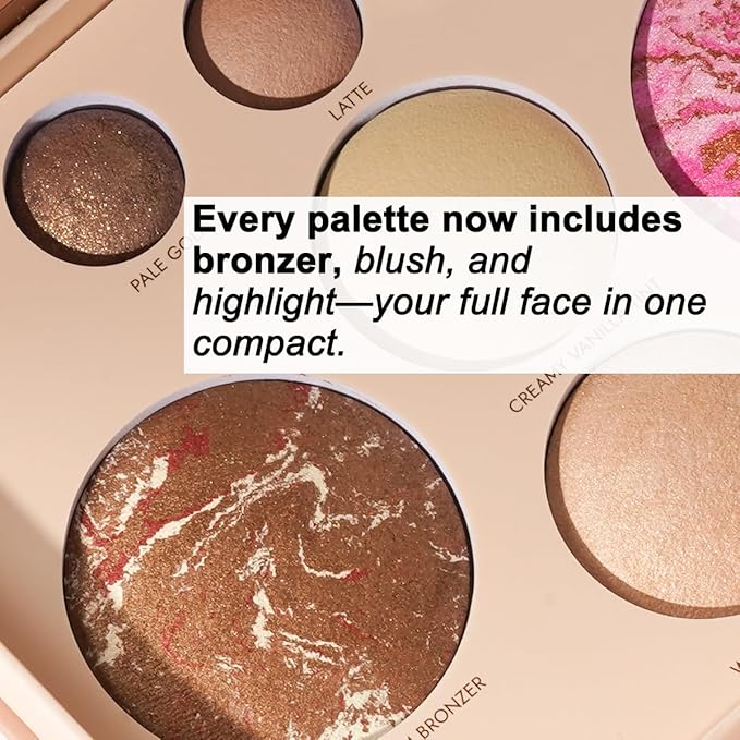 Baked Face and Eye Makeup Palette with Bronzer, Blush, 2 Highlighters & 3 Eyeshadows, Smooth Blendable Powder, Neutral Shades, Travel Compact Gift Set for Women