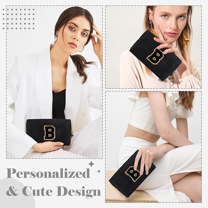 Personalized Initial A-Z Preppy Patch Makeup Bag,Small PU Chenille Letter Cosmetic Bag with Zipper for Teen Girls,Black Cute Toiletry Organizer Bag,Monogram Makeup Case Gift for Women Girls,Letter B