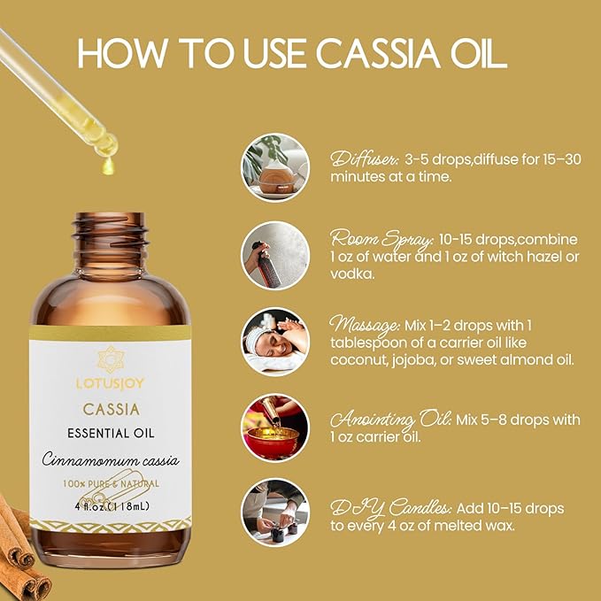 LOTUSJOY Cassia Cinnamon Bark Essential Oil for Body, Massage, Room Spray, Diffuser, DIY Home Crafts- 4 Oz