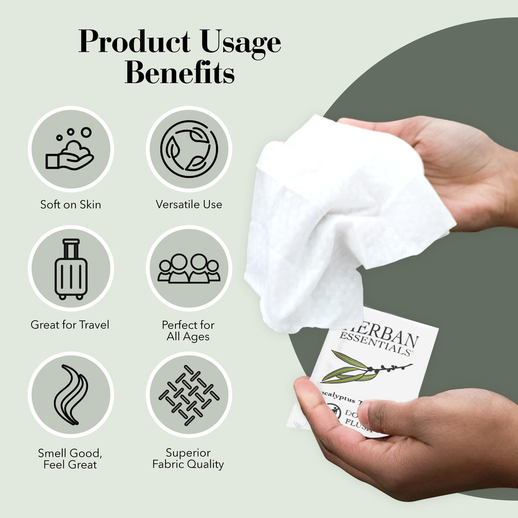 Herban Essentials - Eucalyptus Wipes & Towelettes - Essential Oil Wipes for Hands & Body - Travel Size Essentials and Toiletries - Natural, Individually Wrapped, Disposable & Moist Refresh (20 count)