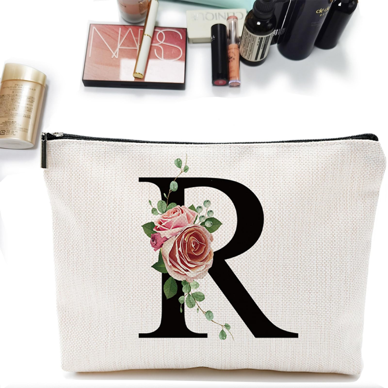 Initial A-Z Personalized Letter Makeup Bag, Monogrammed Bridesmaid Gifts/Presents Cosmetic Bag, Portable Stationery Storage Organizer Pouch, Friendship Love Travel Makeup Bags