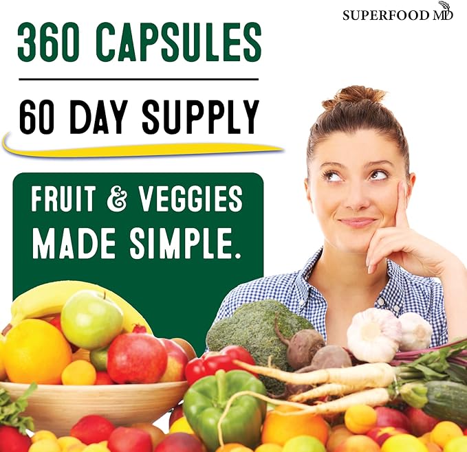 Superfood Fruit and Veggie Supplement - Fruit and Veggie Capsules 100% Whole Super Fruits and Super Vegetables Supplements & Vitamins, with Beta Carotene (720 Count (Pack of 4))