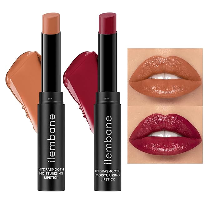 ilembane Hydrating Lipstick Set, Caramel Nude & Plum Red Tinted Lip Balm