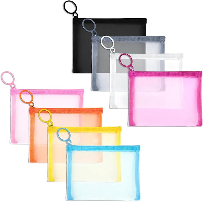 Fassave 8 Pack Mini Zipper Mesh Makeup Bags, Nylon Cosmetic Bags Toiletry Purse Travel Organizer Bags Inside Bag for Office Travel Organization (Multicolor, XS)