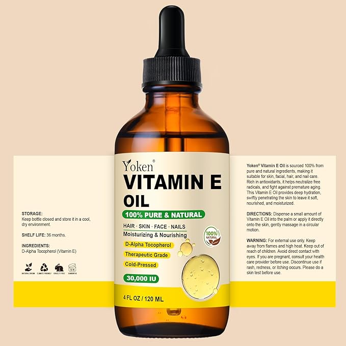 Yoken Vitamin E Oil for Skin 4 Oz Glass Bottle Vitamine Body oils for Face
