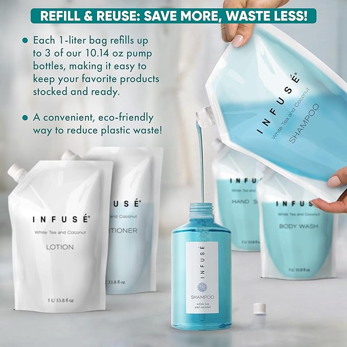 INFUSÉ 1 Liter Shampoo Refill Bag for Hotel Soap Dispensers, Bulk