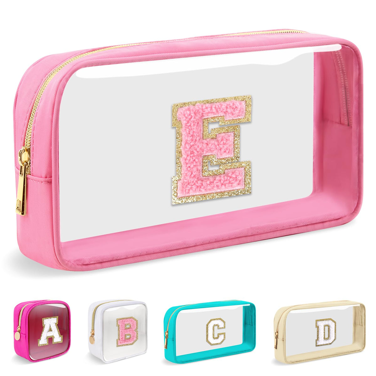 Small Clear Personalized Initial Makeup Bag,Nylon Preppy A-Z Chenille Letter Patch Cosmetic Pouch Beach Toiletry Bag,Waterproof Zipper Travel Purse Storage Bag Organizer for Women Girls(Beige-White E)
