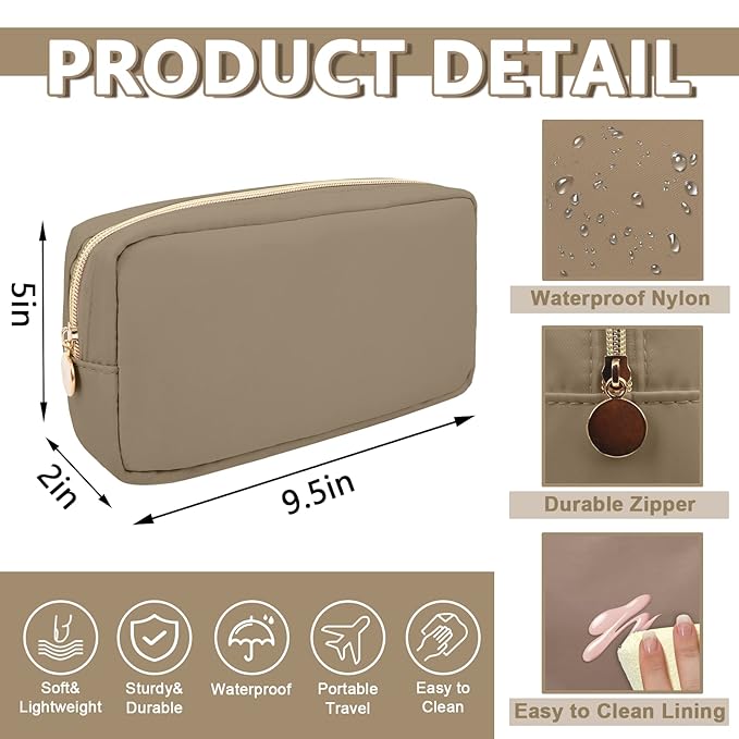 UIXIZQ Small Makeup Bag Pouch for Purse, Nylon Travel Toiletry Storage Bag Cute Preppy Cosmetic Bag for Women Girls, Waterproof Makeup Organizer Bag Pouch Skincare Bag Purse with Zipper (Small-Khaki)