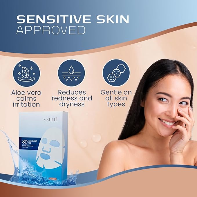VSHELL Hyaluronic Acid Face Sheet Mask – Hydrating & Plumping Facial Mask for Dry Skin – Deep Moisturizing Skincare for Radiant Glass Skin Glow – Daily Use – 10 Pack