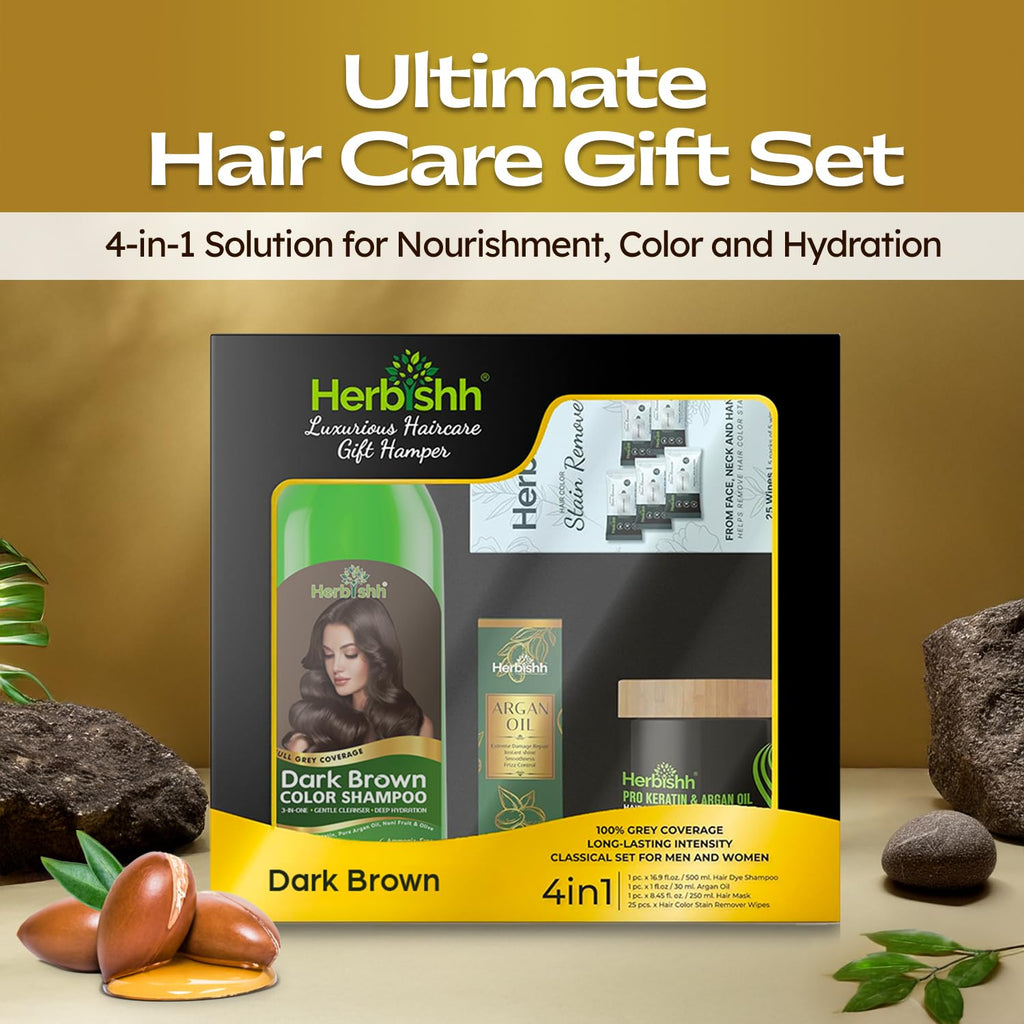 Herbishh Hair Color Shampoo for Gray Hair – Natural Hair Dye Shampoo – Lasts Up To 3-4 Weeks – 500ML – 3-In-1 Hair Color – Colors, Cleanses, and Conditions (Dark Brown Gift Set)