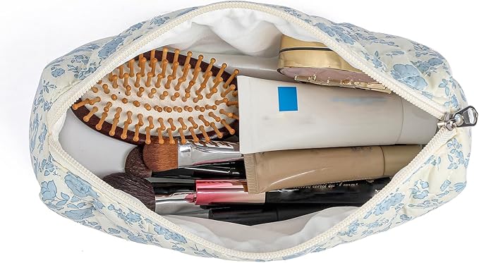 HHQQWZ Makeup Bag Travel Cosmetic Bag for Women Girls, Zipper Make Up Pouch, Floral Flowers Toiletry Organizer Makeup, Portable Storage Bag, Cosmetic Travel Cloth Bag (2 Pack (L+S)/Blue Floral)