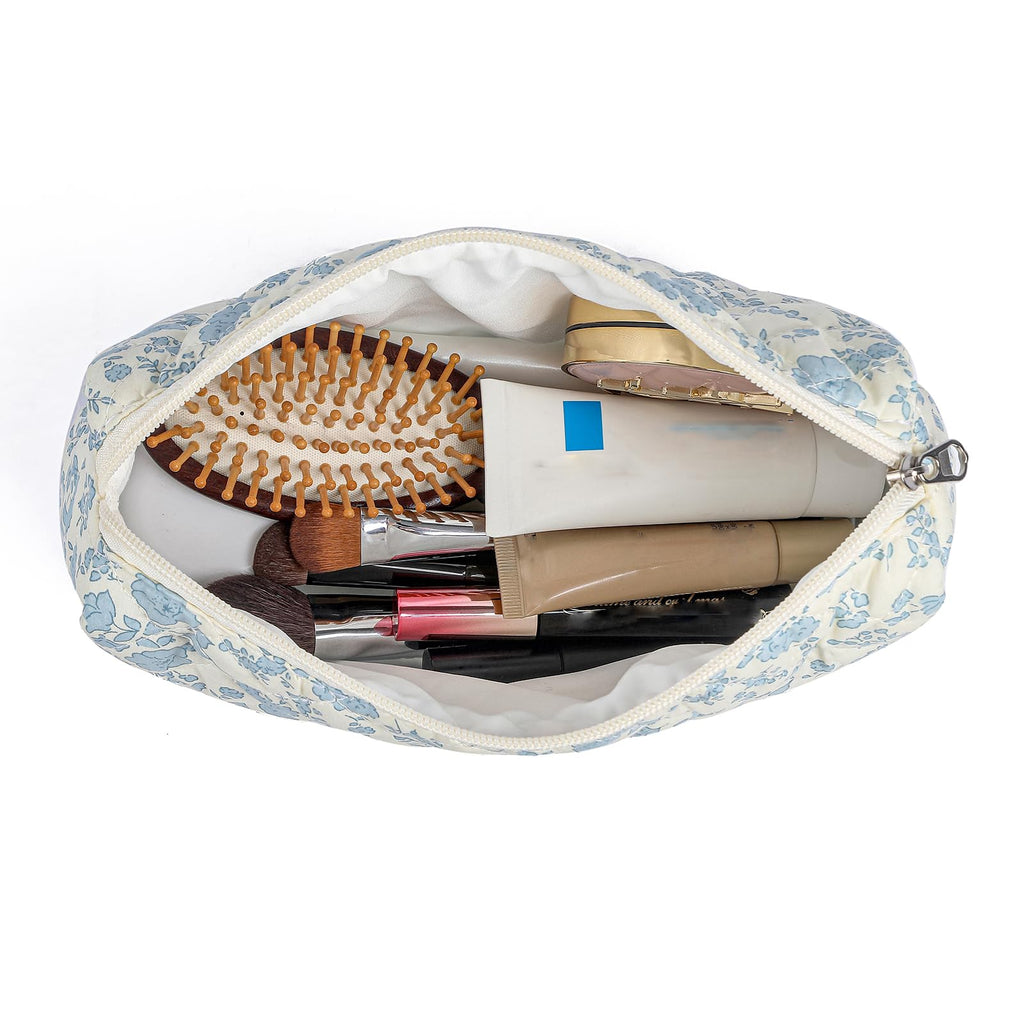 HHQQWZ Makeup Bag Travel Cosmetic Bag for Women Girls, Zipper Make Up Pouch, Floral Flowers Toiletry Organizer Makeup, Portable Storage Cosmetic Travel Cloth Bag (L/Blue Floral)