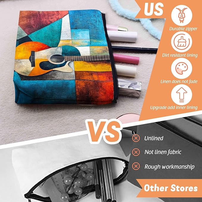 Scribesense Cosmetic Bags Travel Makeup Toilet Case Waterproof Pouch for Women Girls 6.7X9.45inches - Abstract Guitar in A Multicolored Geometric Composition