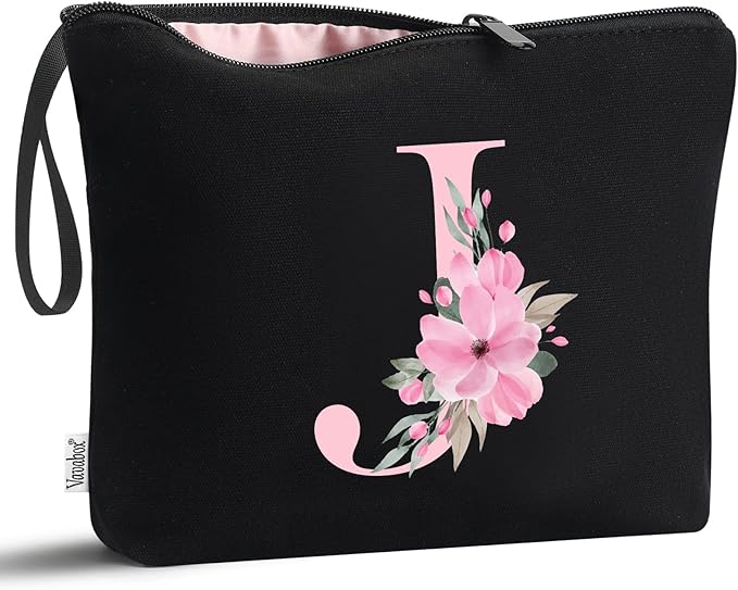 Vavabox A-Z Personalized Makeup Bag, Birthday Gifts for Women Mom, Gifts for Best Friend, Bride Bridesmaid Cosmetic bag (J, 02-Black)