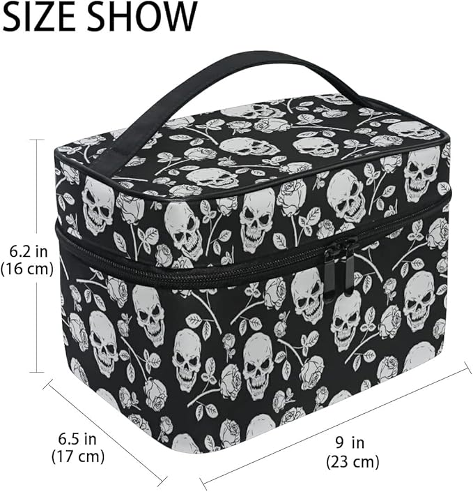 MNSRUU Skull Makeup Bag, Skull Rose Gothic Makeup Organizer Bags Toiletry Bag Box Travel Cosmetic Bag Make Up Train Case for Women Teen Girl Ladies