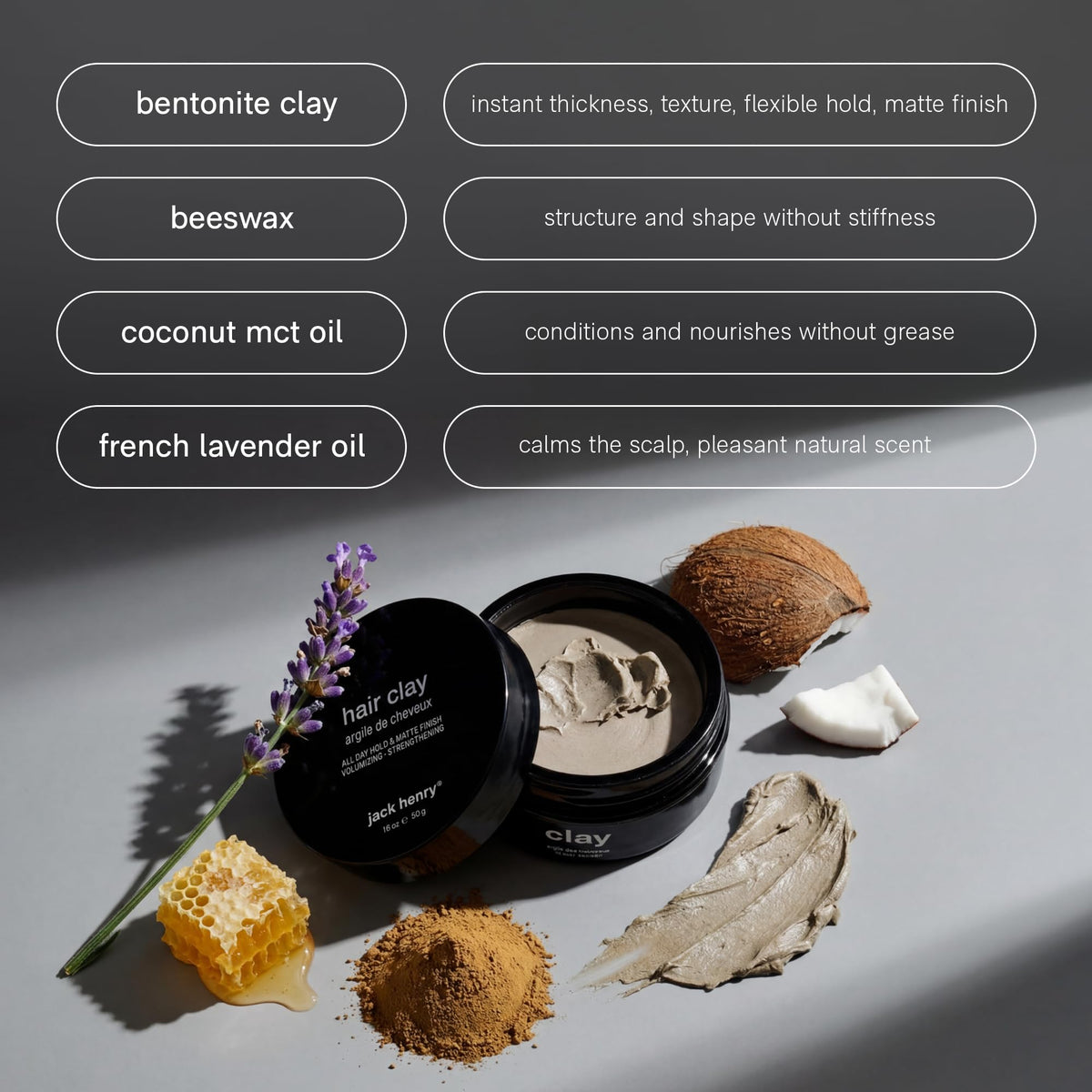 Jack Henry Hair Clay for Men - Wax-Based Flexible Matte Finish, All-Day Hold - Hair Styling Clay for All Hair Types, PVP-Free, Organic Award Winning Formula, Only 4 Ingredients - Natural Scent 1.6 oz