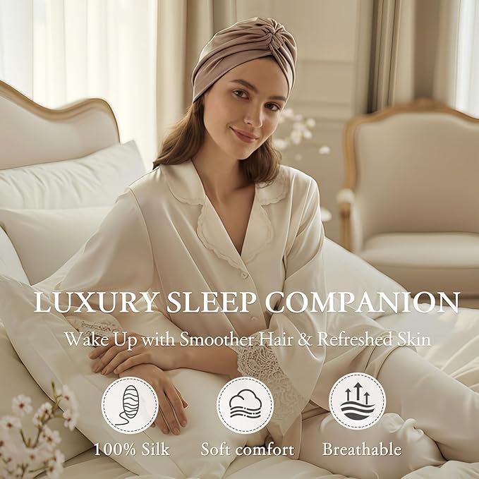 SYSERAN 100% Mulberry Silk Bonnet for Sleeping - Women Natural Curly Hair Night Cap Luxury Sleep Head Wrap with Elastic Band(Apricot)