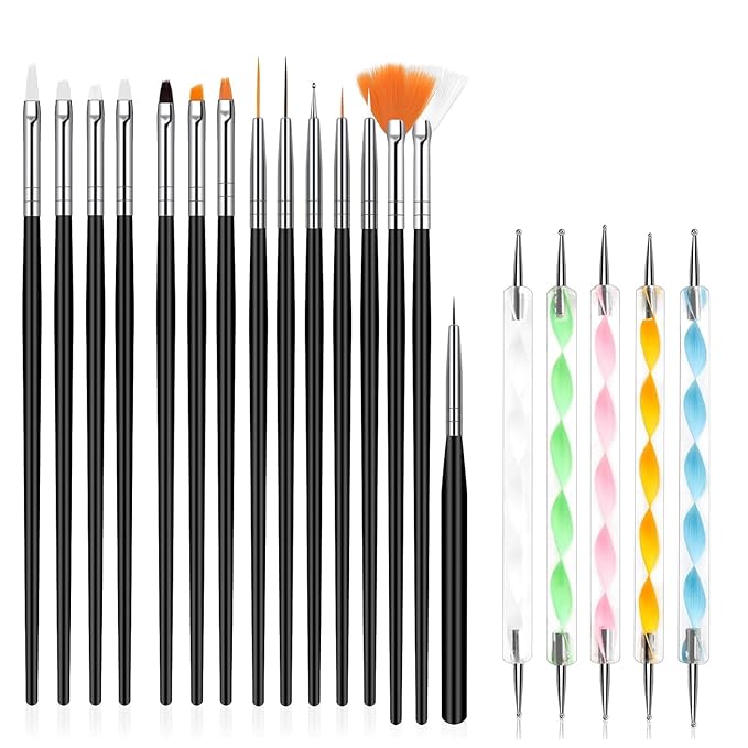 Whmeolyo 20Pcs Nail Art Brushes Tool Set, Nail Art Double-End Tools, Nail Liner Brushes, Silicone Pen Dotting Pen Tools Nail Art Kit for Home Nail Art DIY Salon Use-Black
