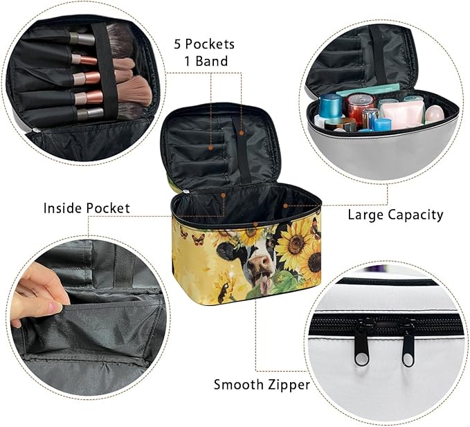 Drydeepin Cute Sunflower Cow Print Travel Makeup Bag for Women Yellow Large Capacity Cosmetic Bag with Zipper and Handle Portable Brushes Case Toiletry Bag Make Up Organizers and Storage Bags