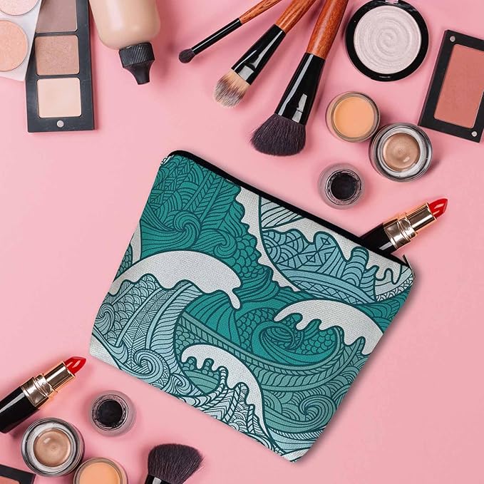 Kalygon Women Makeup Organizer Bag Ocean Waves, Japanese Great Wave Ocean Sea Waves Flax Cosmetic Bag Makeup Bags Toiletry Bag Accessories Organizer Travel Bags For Home Bathroom Office Hotel Gym