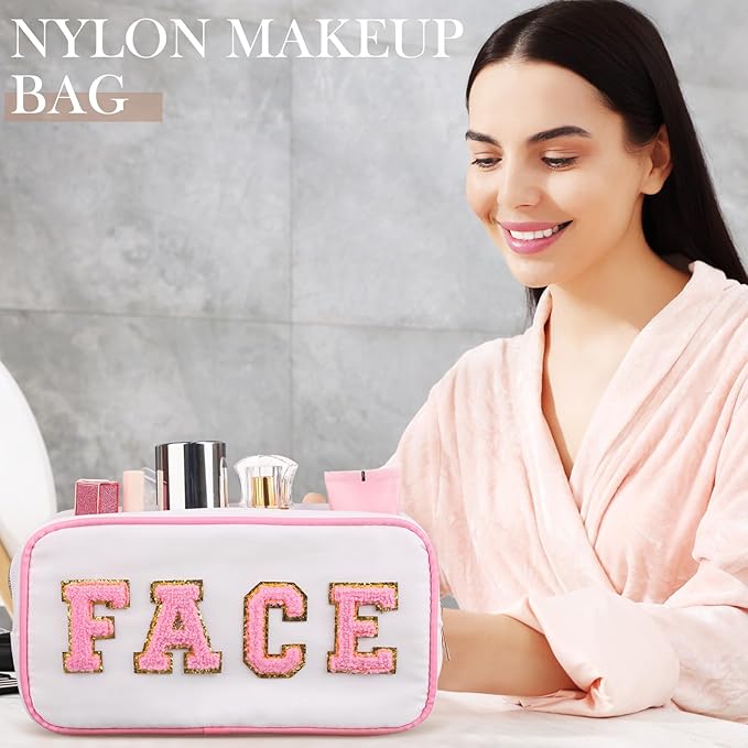 Cunno Preppy Makeup Bags Chenille Letter Stuff Bag Nylon Cosmetic Pouch Cases with Zipper for Women Travel Toiletry(White Set,Novel,4 Pcs)