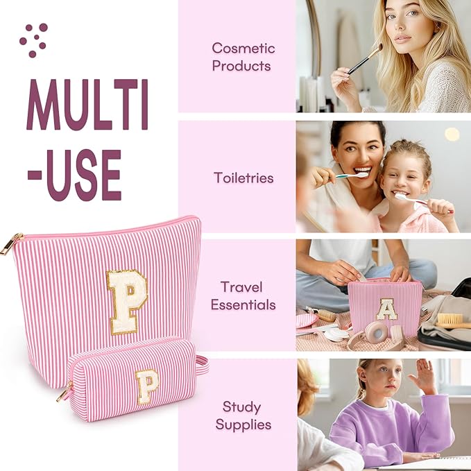2 PCS Initial Makeup Bags for Women: Cosmetic Bag for Travel Toiletry - Birthday Gifts for 11 12 13 14 15 16 17 18 Years Old Girl Graduation Teacher Gift- Teen Girl Gifts Trendy Stuff - Pink P
