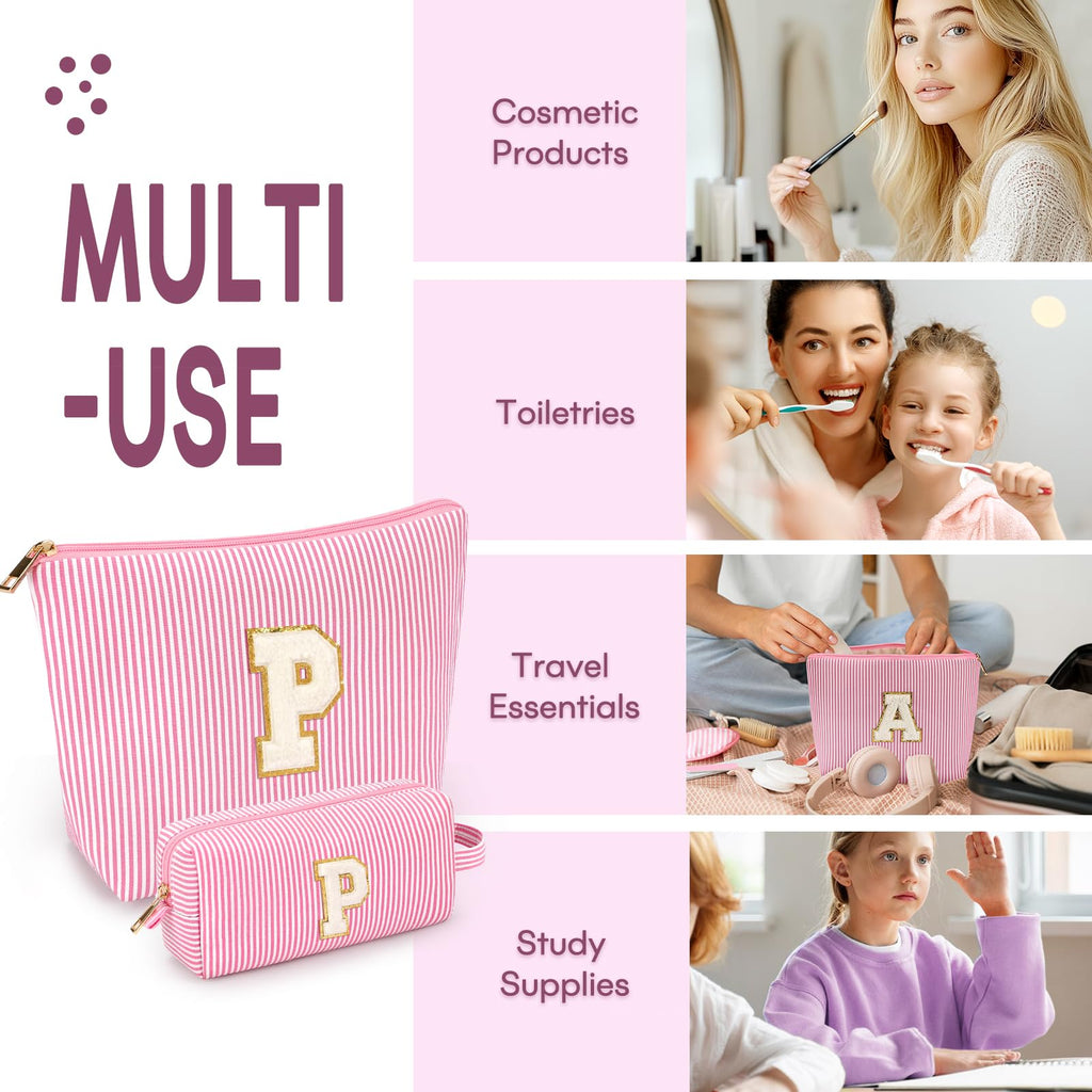 2 PCS Initial Makeup Bags for Women: Cosmetic Bag for Travel Toiletry - Birthday Gifts for 11 12 13 14 15 16 17 18 Years Old Girl Graduation Teacher Gift- Teen Girl Gifts Trendy Stuff - Pink P