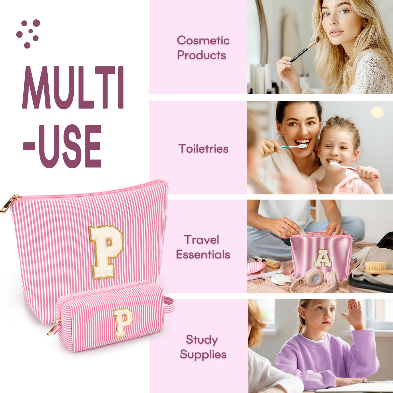 2 PCS Initial Makeup Bags for Women: Cosmetic Bag for Travel Toiletry - Birthday Gifts for 11 12 13 14 15 16 17 18 Years Old Girl Graduation Teacher Gift- Teen Girl Gifts Trendy Stuff - Pink P