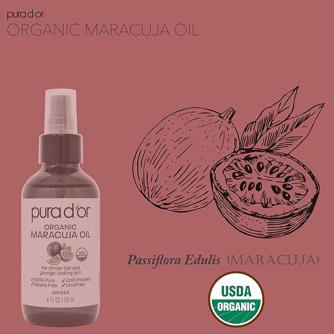 PURA D'OR Organic Maracuja Oil - Passion Fruit Seed Oil - 100% Pure USDA Certified Premium Grade Cold Pressed Body Oil For Hair, Skin & Face - Hydrating Therapy 4 Oz Ayurvedic Skin Care