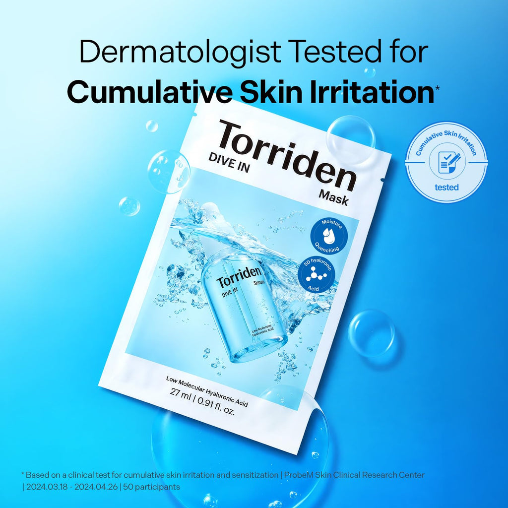 Torriden DIVE IN Hyaluronic Acid Facial Mask (10 sheets) | Deep Hydration Korean Face Sheet Mask | Panthenol & Allantoin | Korean Skincare Mask