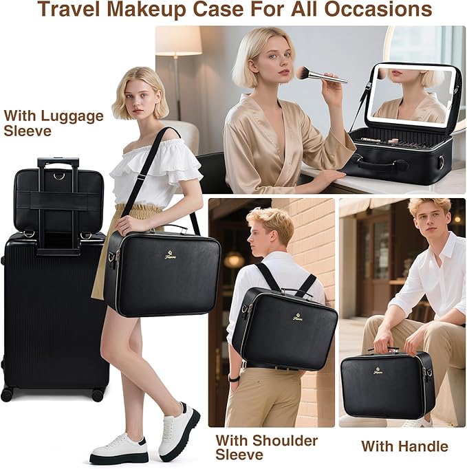 Faquenc Large Makeup Bag with LED Mirror,15”Cosmetic Train Case for Makeup Artists,Travel Makeup Organizer Case w Divider Rechargeable Vanity Mirror with 3 Color Lights for Barber,MUA,Nail Tech, Black