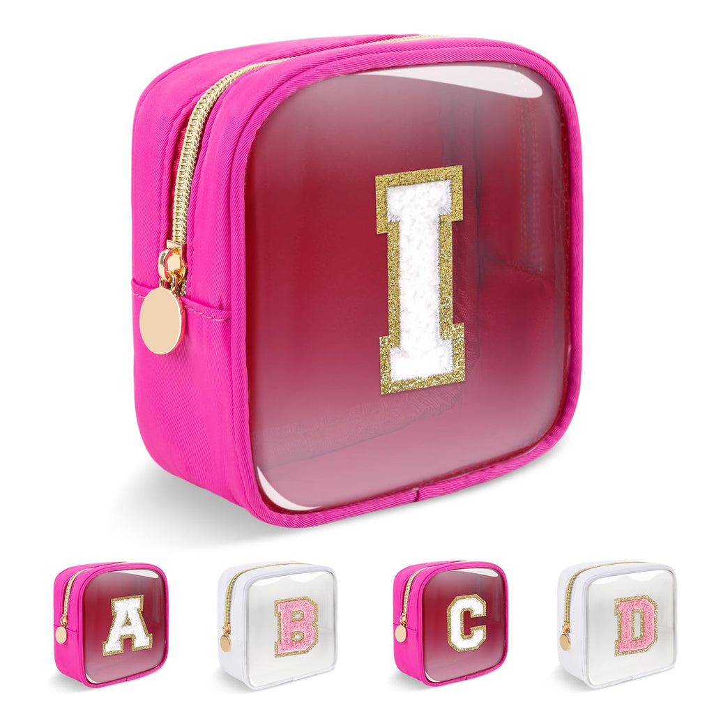 Personalized Initial Letter Clear Preppy Makeup Bag,Mini Nylon Chenille Letter Cosmetic Bag Cute Zipper Pouch Coin Purse for Teen Girls,Portable TSA Approved Travel Essentials Bag Gift for Women,I