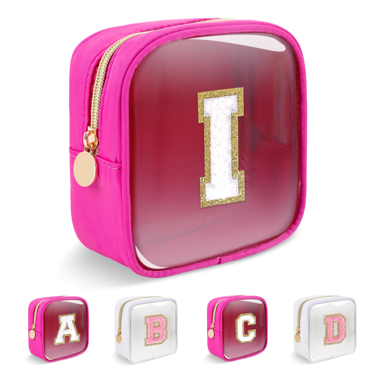 Personalized Initial Letter Clear Preppy Makeup Bag,Mini Nylon Chenille Letter Cosmetic Bag Cute Zipper Pouch Coin Purse for Teen Girls,Portable TSA Approved Travel Essentials Bag Gift for Women,I