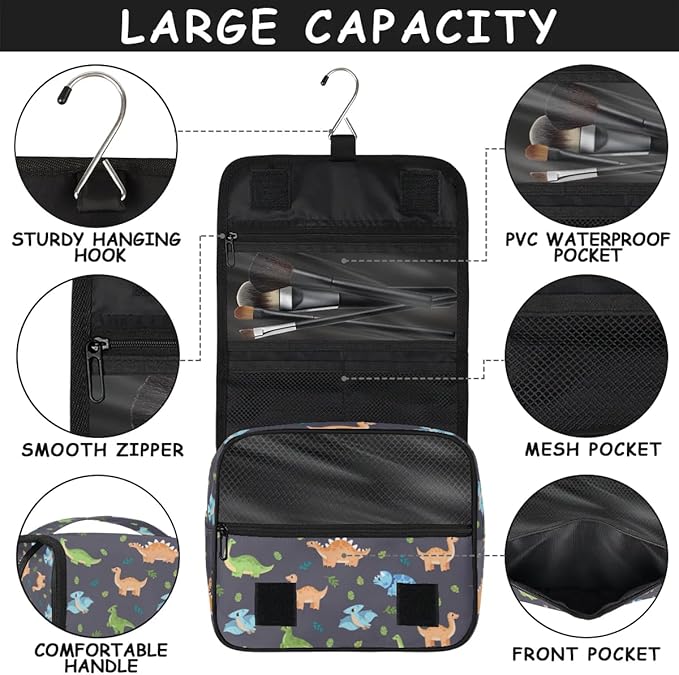 OMFUNS Cute Dinosaur Hanging Travel Toiletry Kit Bag with Hook for Men and Boys, Cartoon Dino Makeup Case Waterproof Cosmetic Bag Storage Bag Organizer for Accessories Toiletries