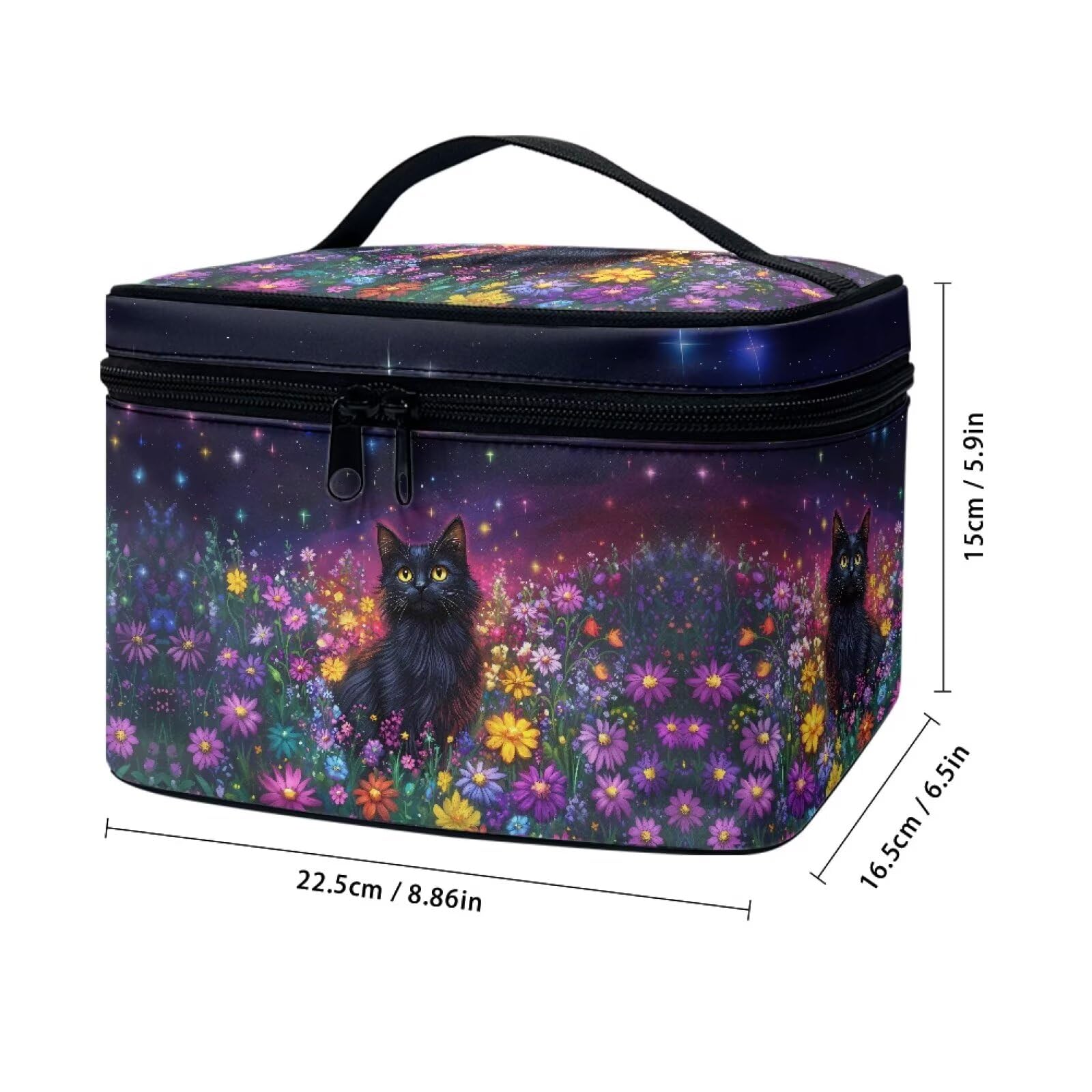 Drydeepin Black Cat Colorful Daisy Flower Print Travel Makeup Bags for Women Portable Tote Cosmetic Case with Carry Handle Toiletry Accessories Storage Organizer Bags