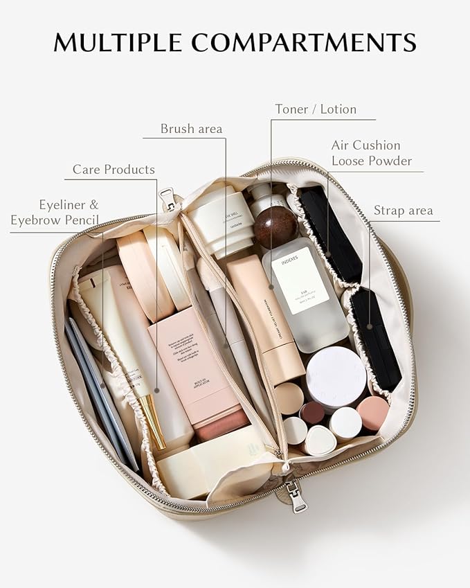 EACHY Travel Makeup Bag, Lychee Leather Large Capacity Cosmetic Bag for Women, Open Flat Toiletry Bag with TPU Brush Compartment, Waterproof Skincare Organizer Travel Essentials