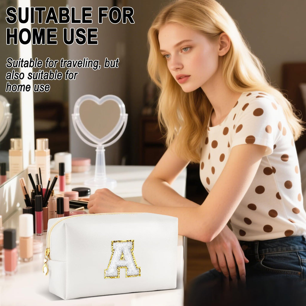 URSKYTOUS Gifts for Girls Initial Makeup Bag Personalized Cosmetic Bag with Zipper Cute Travel Toiletry Bags Waterproof PU Preppy Makeup Pouch Birthday Gift for Teen Girls Women(White A)