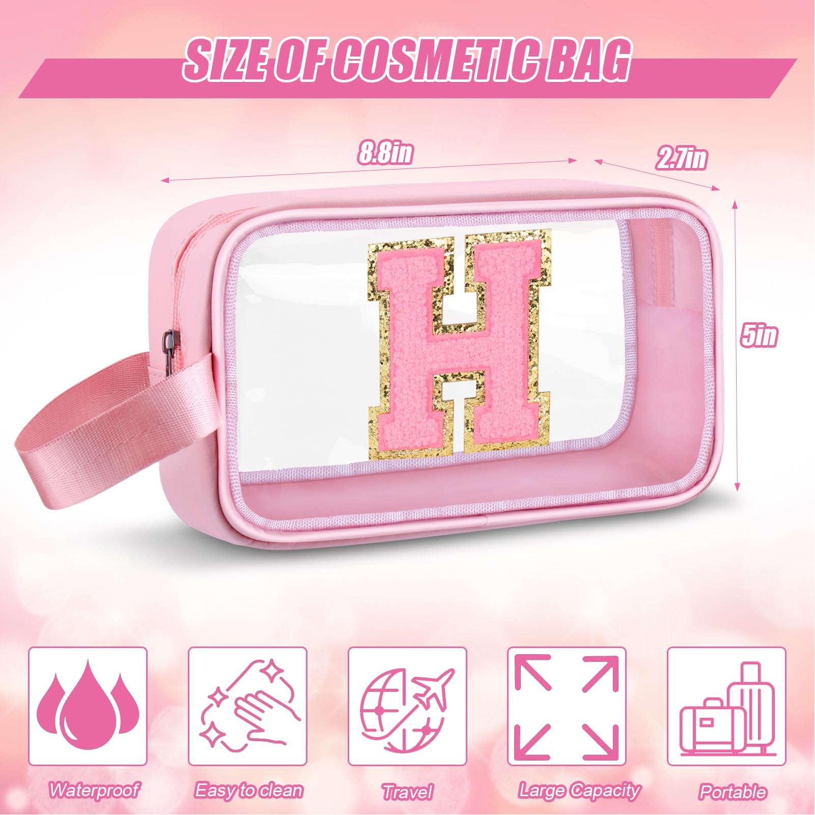 Vodolo Initial Makeup Bag,Letter H Cute Clear Monogrammed Cosmetic Travel Bag for Womens Girls,Personalized Pink Aesthetic Traveling Make Up Organizer Bag for Beach,Waterproof Toiletry Bag